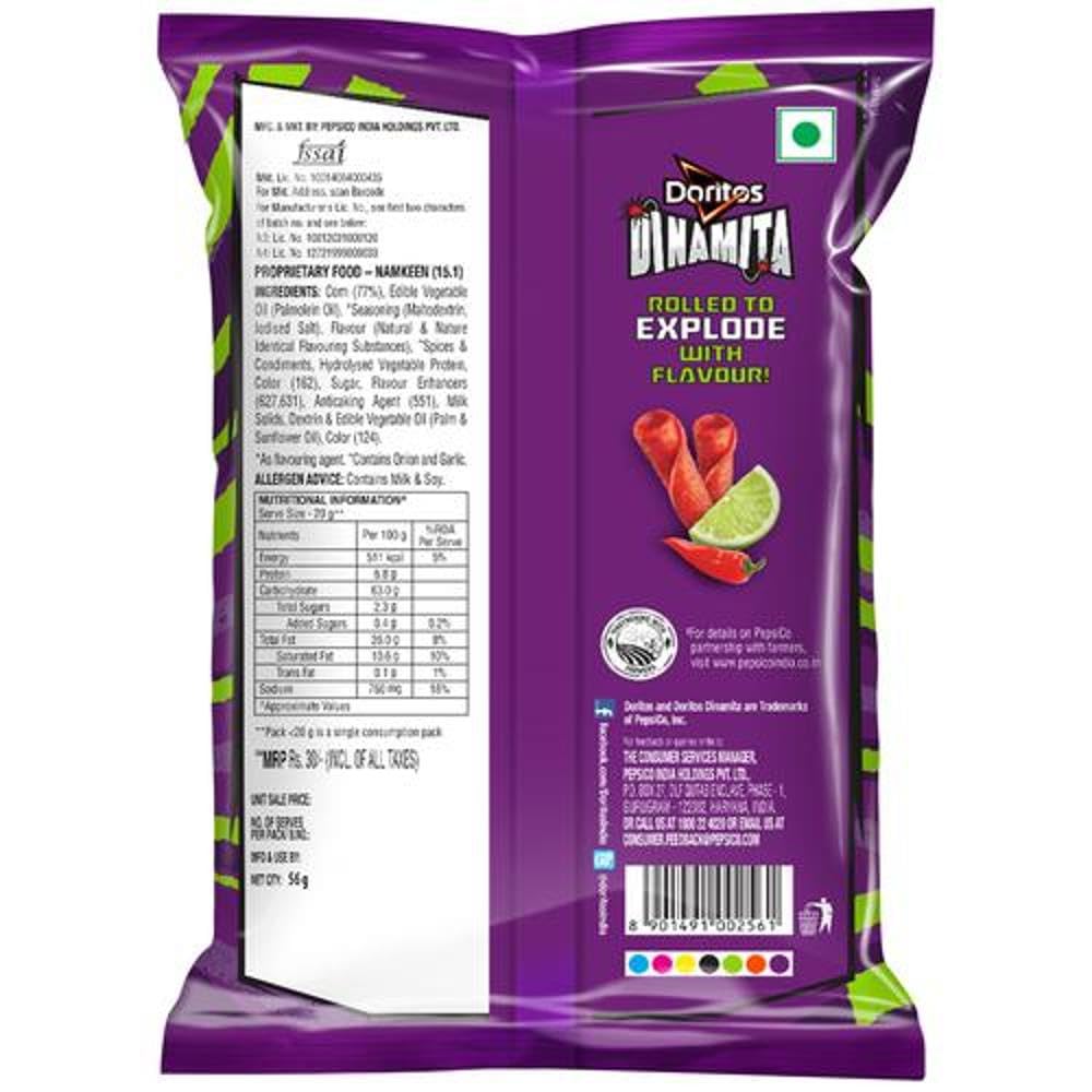 Doritos Dinamita Fiery Lime and Chilli Snack 56g - Rolled Tortilla Chips - Spicy & Tangy Namkeen - Vegetarian Chips Snack – view 2