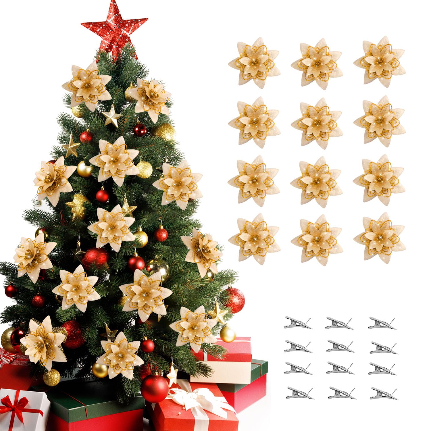 BAOTUJIA 12Pcs Gold Christmas Poinsettias Flowers Decoration Artificial Flowers for Xmas Tree Ornaments Suitable for Home Wreath Making Christmas Decorations Xmas Tree Decorations Items