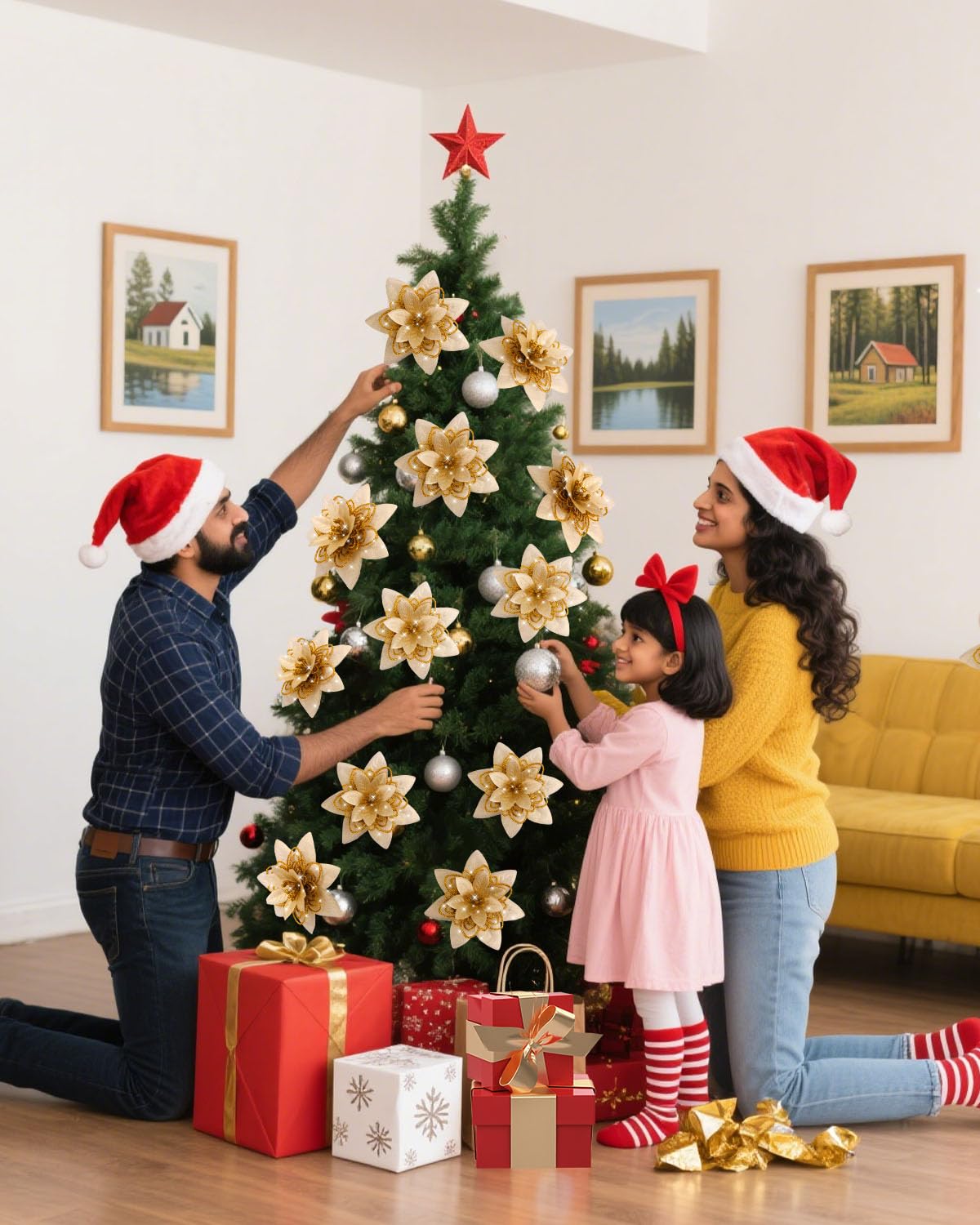 BAOTUJIA 12Pcs Gold Christmas Poinsettias Flowers Decoration Artificial Flowers for Xmas Tree Ornaments Suitable for Home Wreath Making Christmas Decorations Xmas Tree Decorations Items – view 4