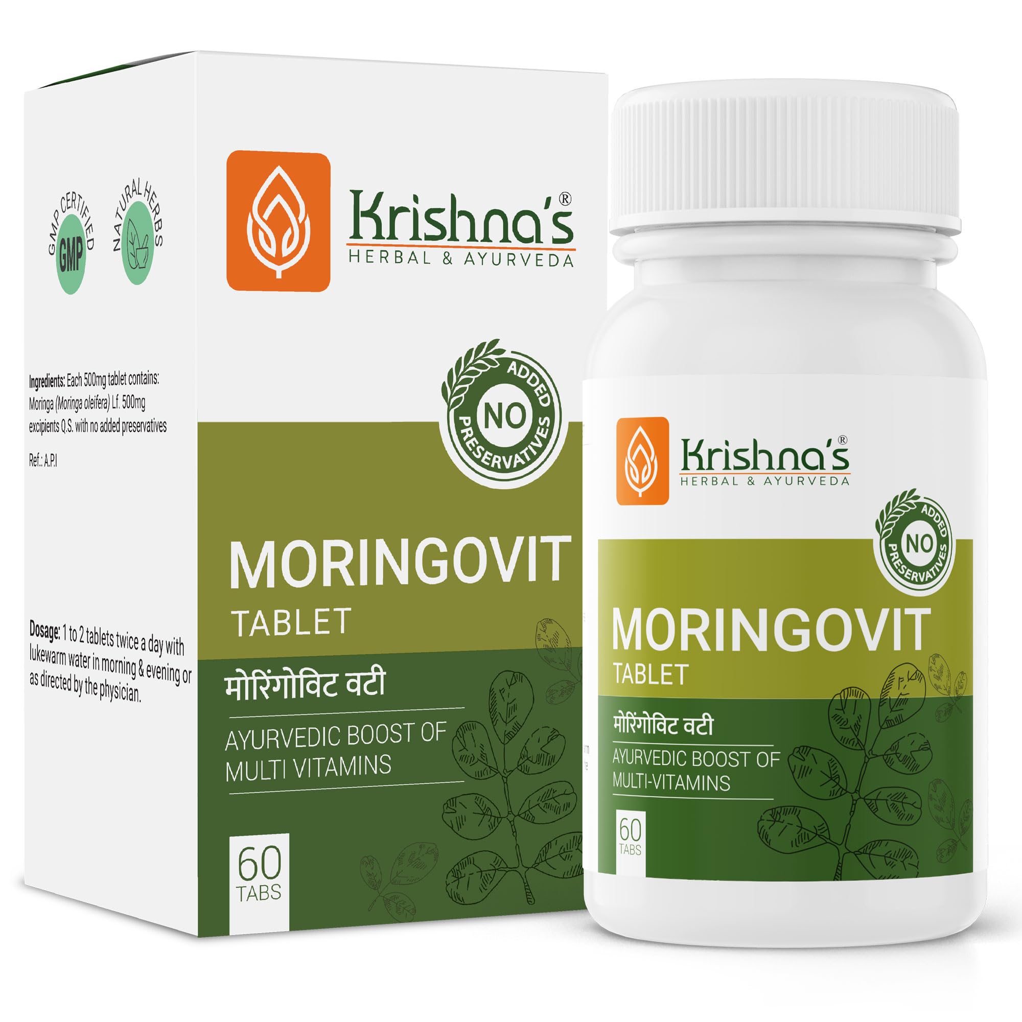 Bottle of Krishna's Moringovit tablets for daily moringa supplement use