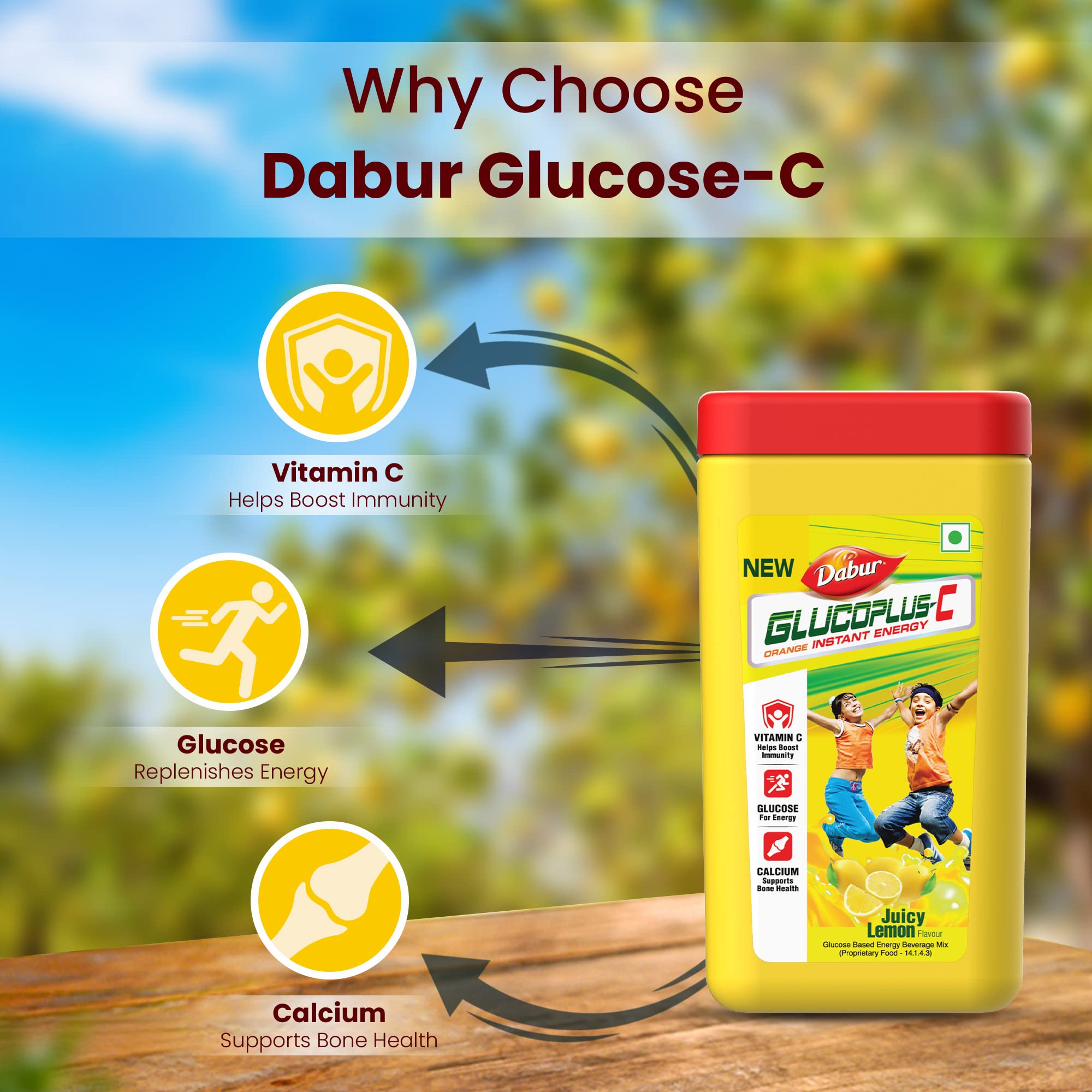 Dabur GlucoPlus-C Instant Energy Glucose Juicy & Tasty Lemon Flavour - 400g Jar – view 4