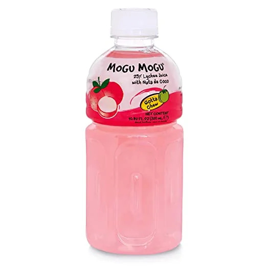 Pack of Mogu Mogu lychee juice bottles with nata de coco
