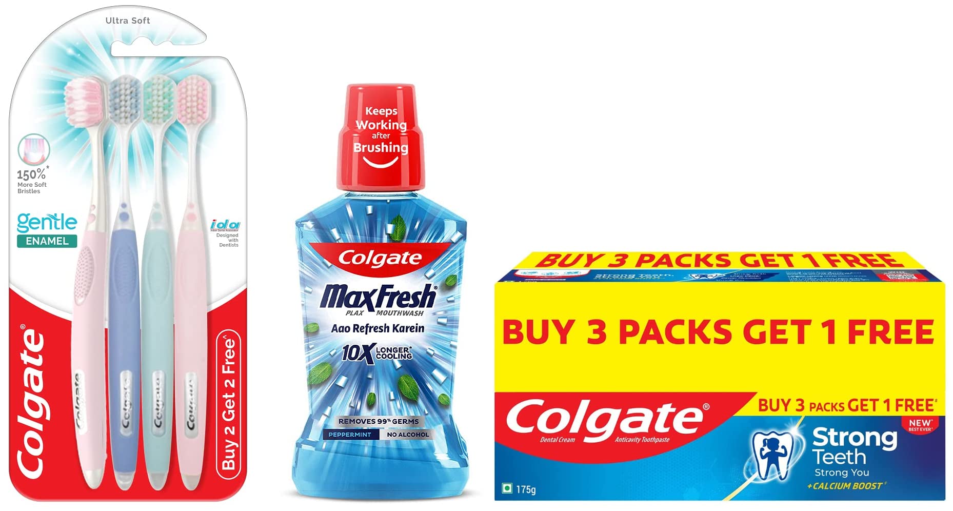 Colgate bundle with 500 ml mouthwash, four toothbrushes, and toothpaste
