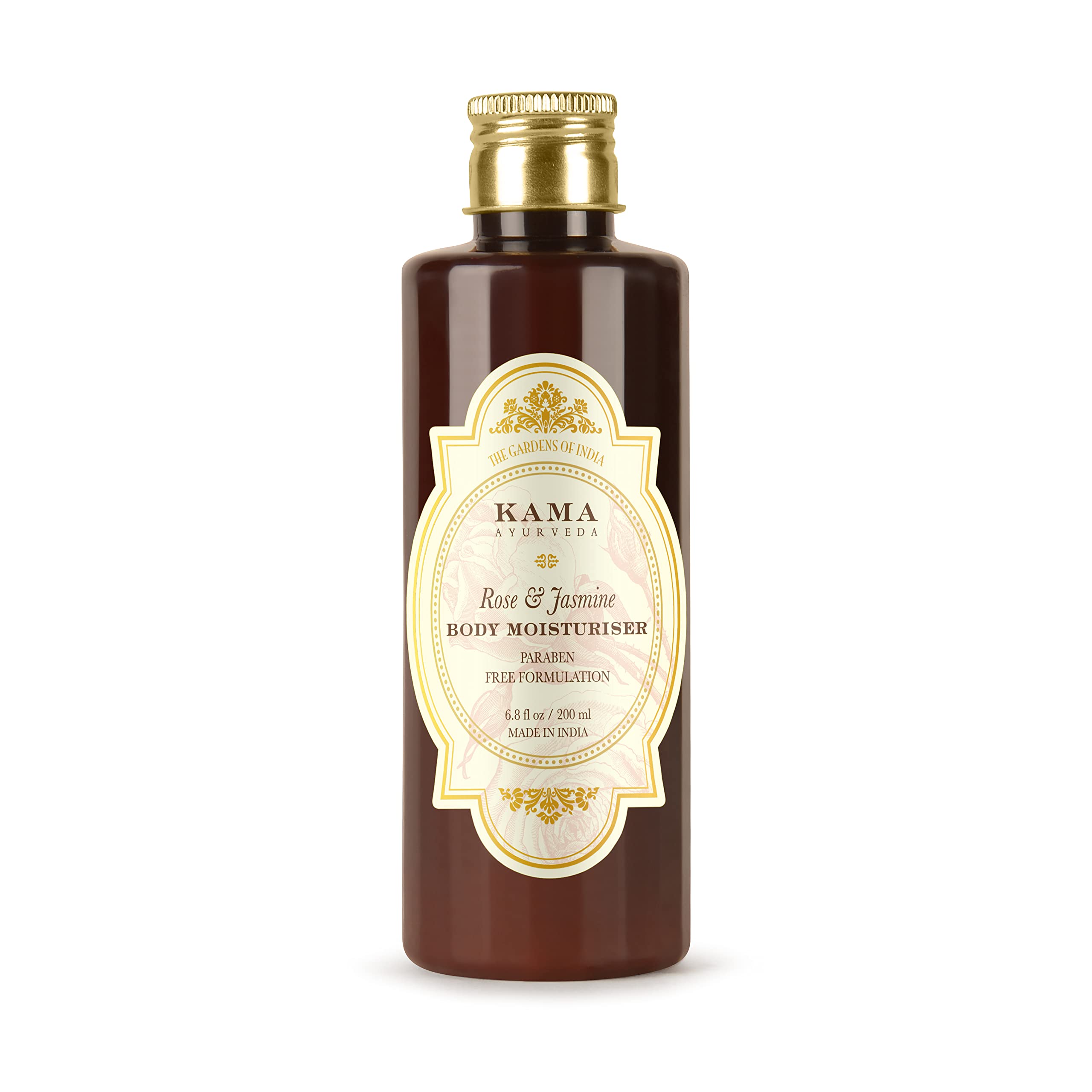 Rose and jasmine body moisturiser bottle by Kama Ayurveda