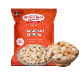 Two Bhudani Bros snack pouches with sabudana chivda and farali mixture
