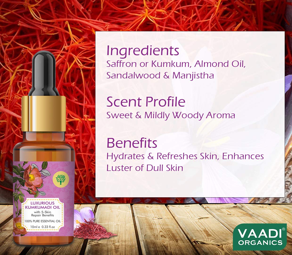 VAADI HERBALS Luxurious Kumkumadi Oil (Pure Mix Of Saffron, Sandalwood, Manjistha & Almond Oil) - Reduces Dark Circles, Pigmentation & Brightens Complexion, 10 ml – view 5