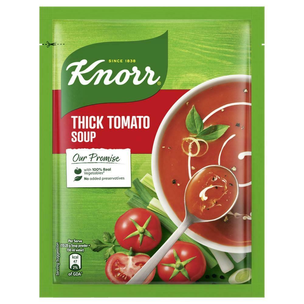 Knorr tomato soup mix pouch showing classic thick tomato flavor