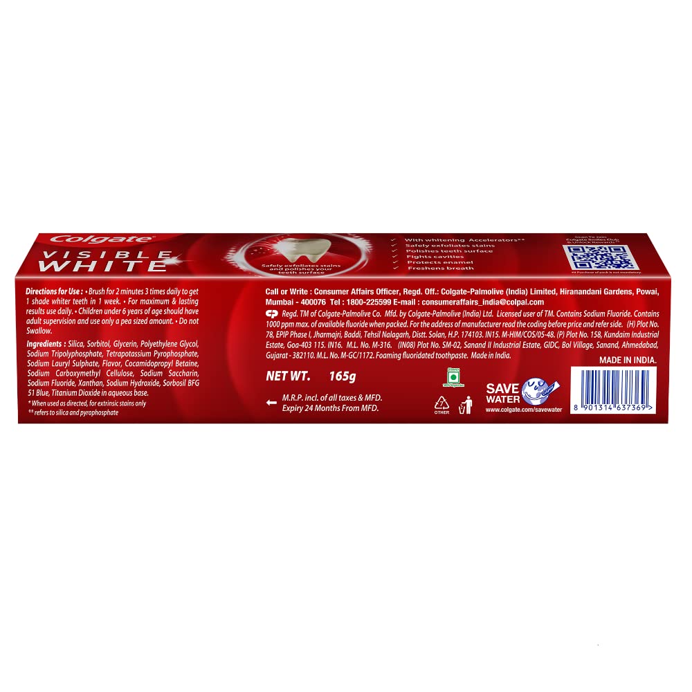 Colgate Visible White 165g Teeth Whitening Toothpaste, Protects Enamel, Removes Stains, With Whitening Accelerators – view 9