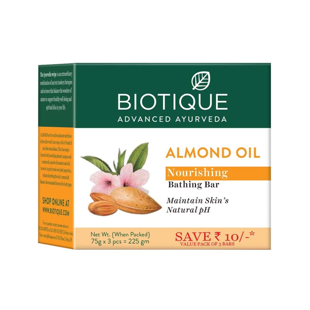 Box of Biotique almond oil soap bars, 3 x 75 g