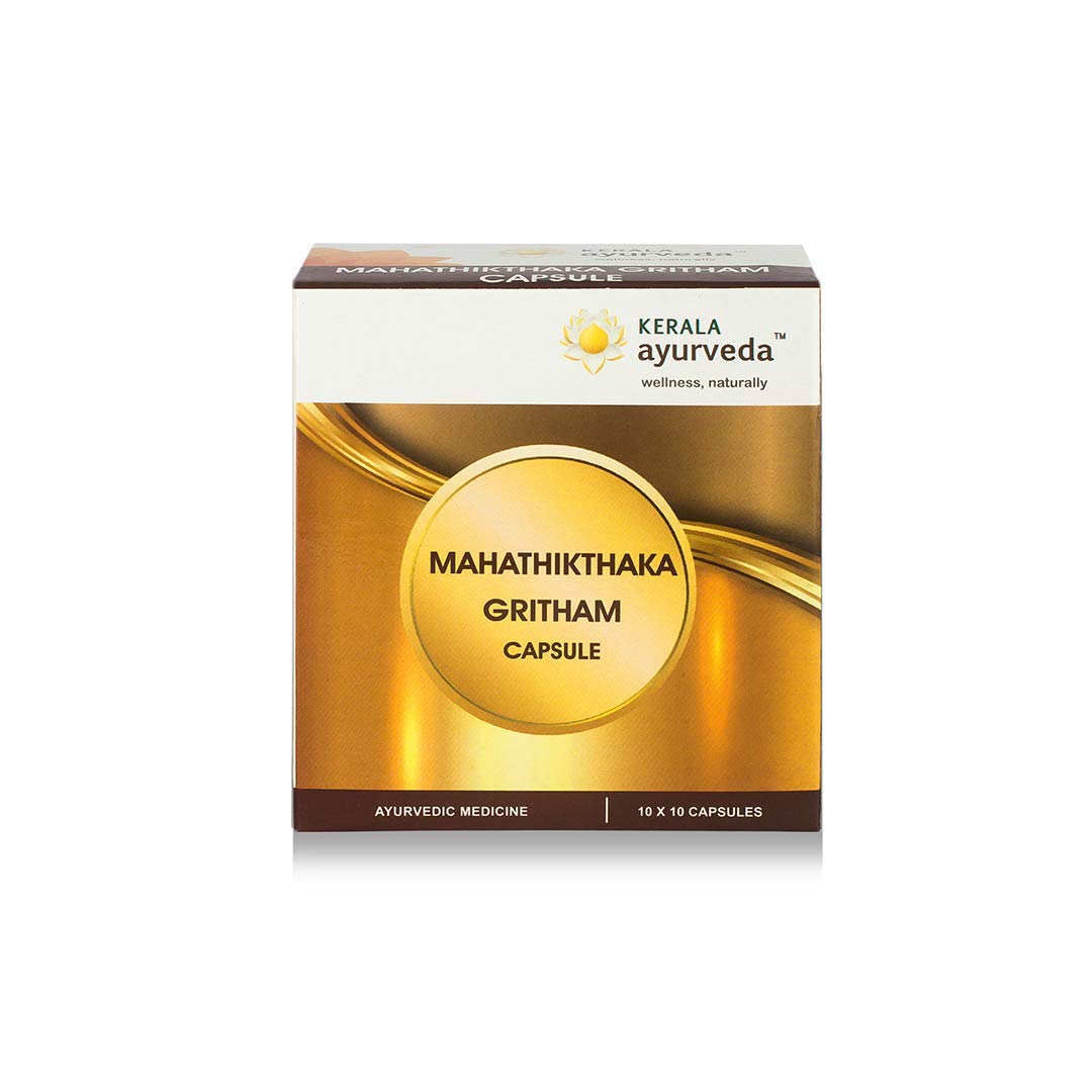 Front view of Kerala Ayurveda Mahathikthaka Gritham Capsule bottle