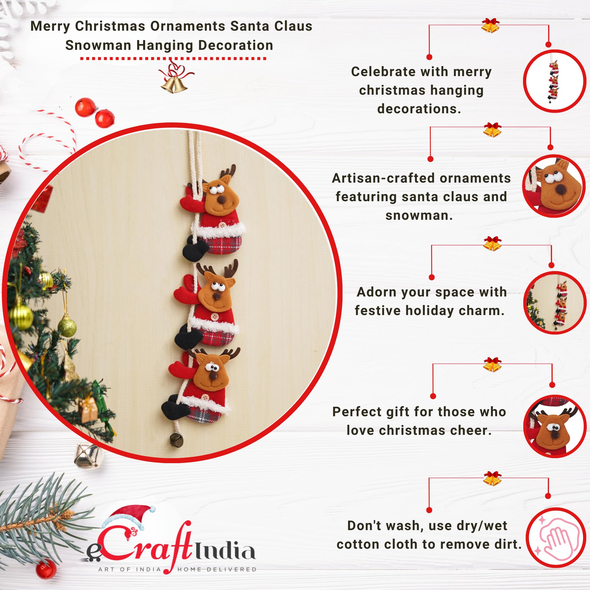 eCraftIndia Reindeer Wall Hanging Christmas Tree Decoration Items for Home Living Room Office Church Decor Xmas Gifts Hanging Ornaments Props – view 5
