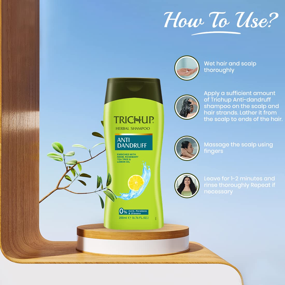 Trichup Anti- Dandruff Herbal Shampoo - Enriched with Neem, Rosemary & Tea Tree Oil - Protect Scalp Skin from Causes of Dandruff (200ml) – view 4
