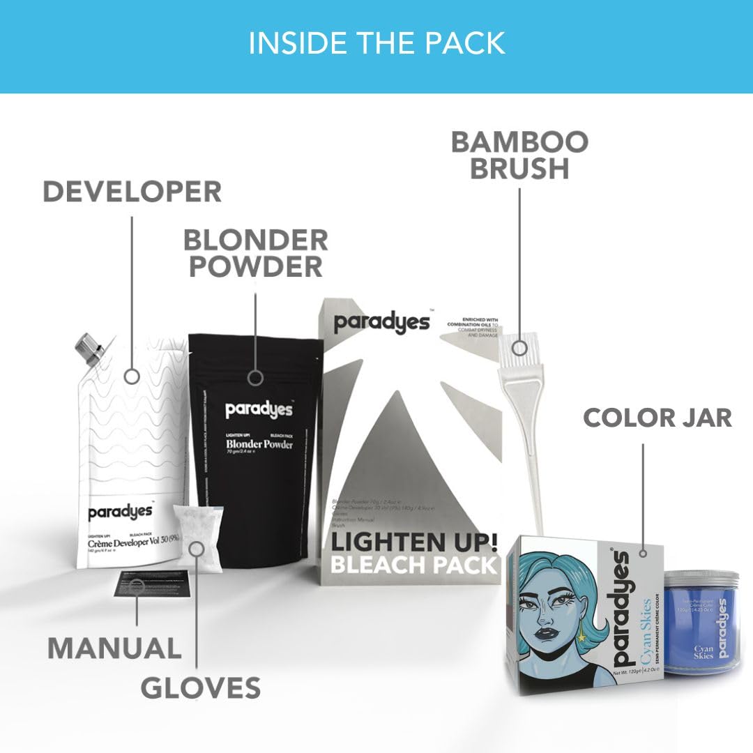 Paradyes Semi-permanent Cyan Skies DIY Conditioner Based Hair Colour 120 gm and Lighten Up! Bleach Pack 30 Vol. for all Hair Types – view 3