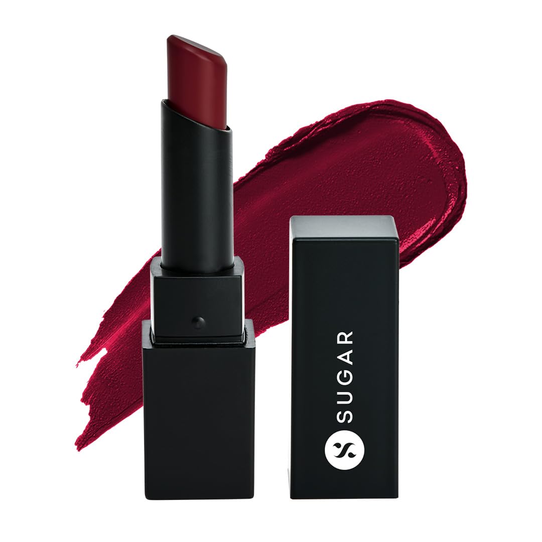 SUGAR matte lipstick tube in Red Herring raspberry pink shade