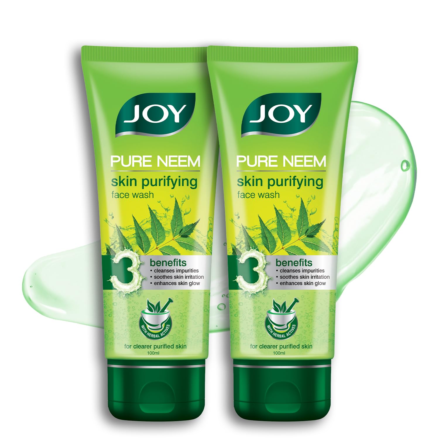 Two Joy neem gel face wash tubes with neem formula