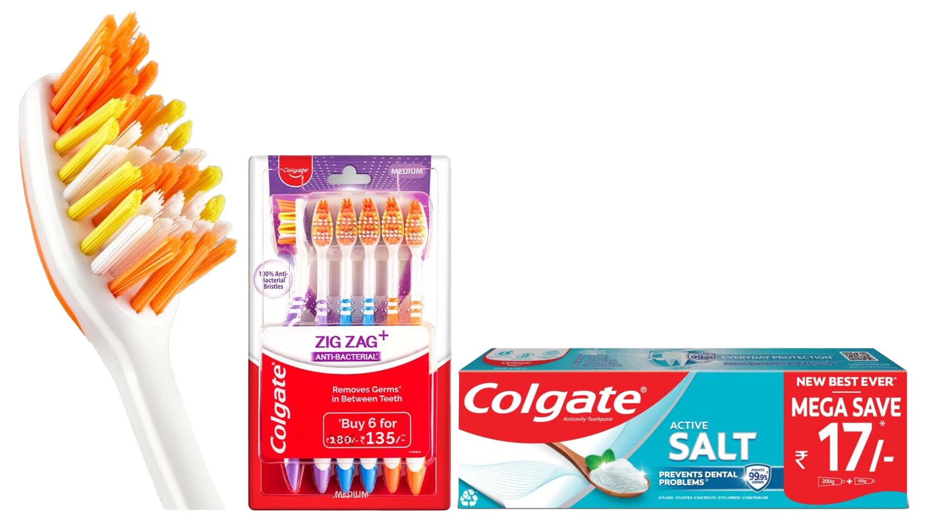 Colgate Active Salt 300g (200g + 100g, Pack of 2) Toothpaste & Colgate ZigZag Manual Toothbrush for adults, Pack of 6 Medium Multicolour Soft Tooth brush – view 1