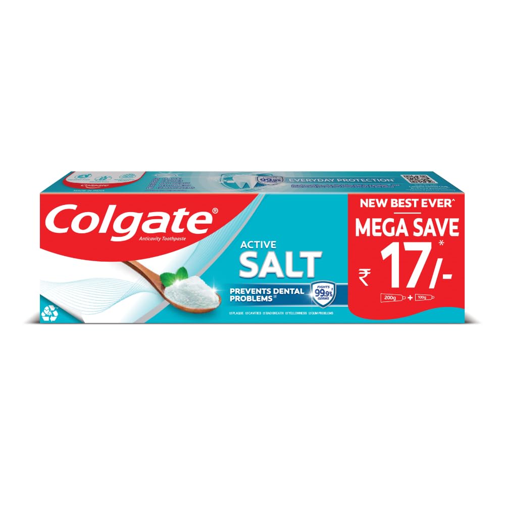 Colgate Active Salt 300g (200g + 100g, Pack of 2) Toothpaste & Colgate ZigZag Manual Toothbrush for adults, Pack of 6 Medium Multicolour Soft Tooth brush – view 2