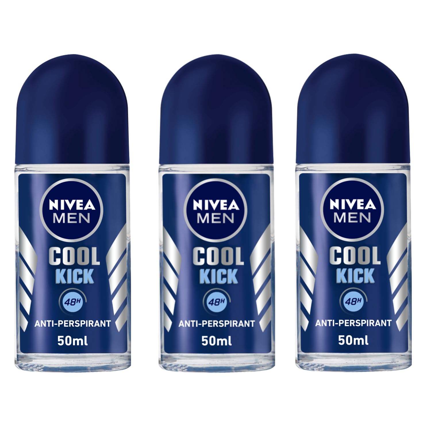 Three Nivea Cool Kick roll-on deodorants for men, 50 ml each