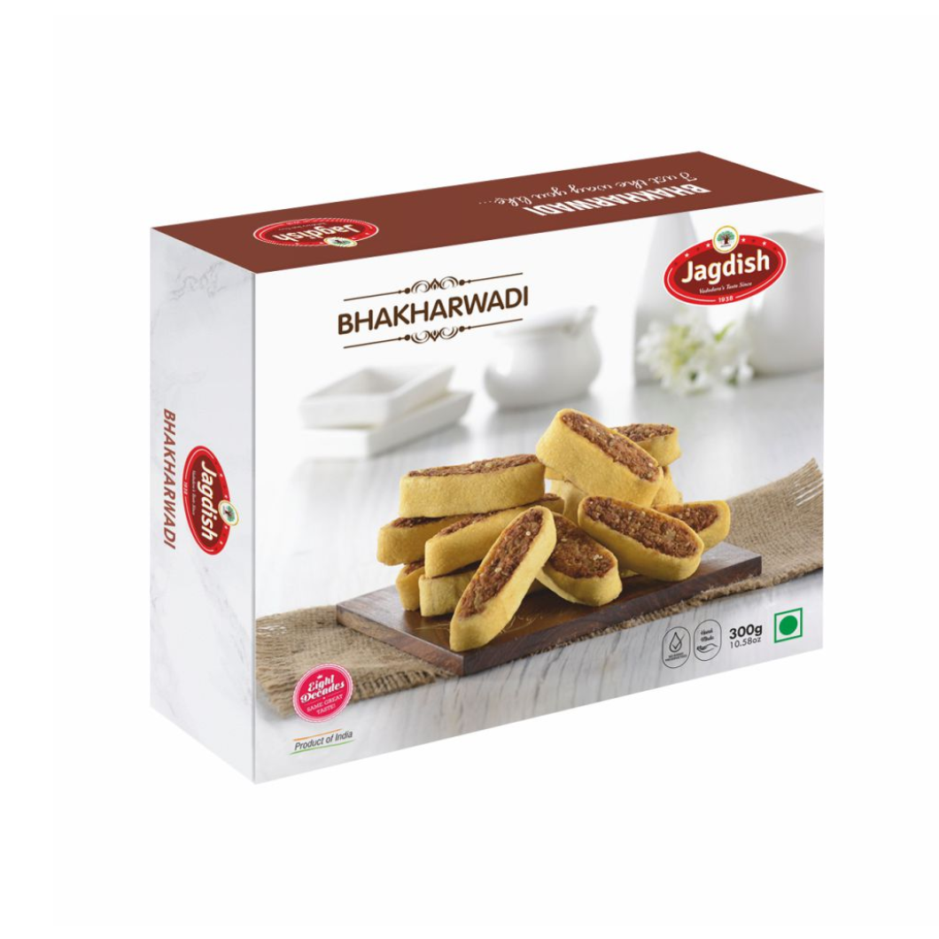 Pack of four Jagdish Farshan bhakharwadi savory Indian snacks