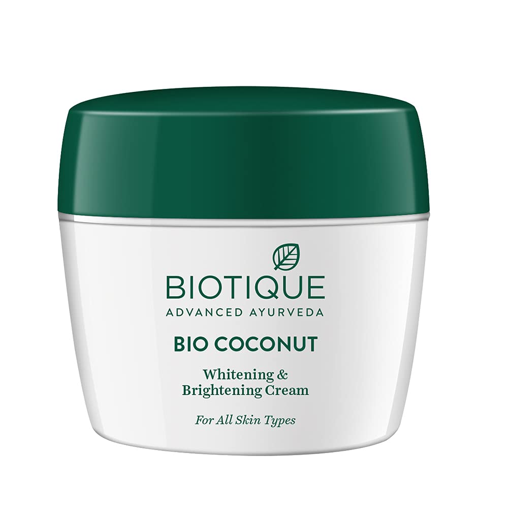 Biotique coconut brightening face cream jar with lightweight formula
