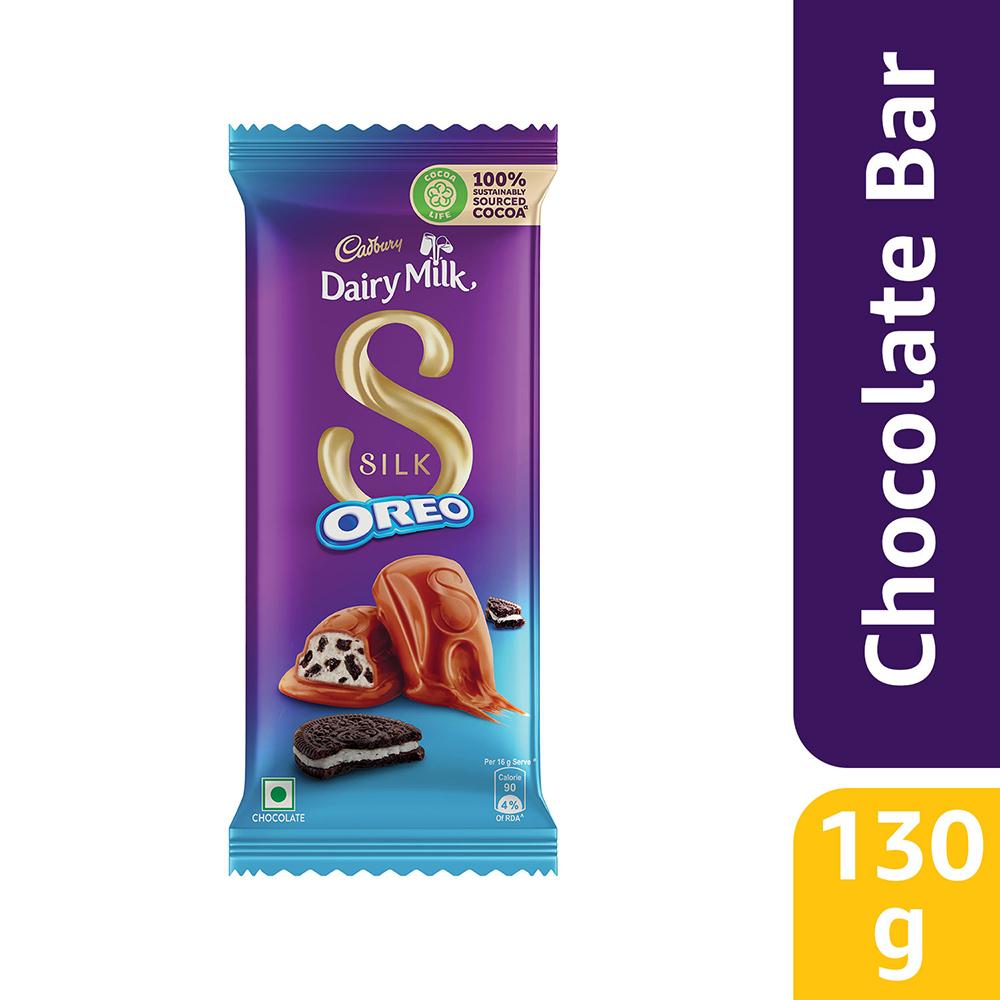 Creamy Cadbury Silk Oreo milk chocolate bar with biscuit pieces