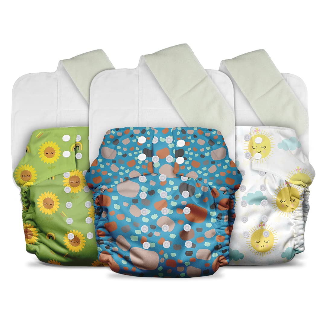 Mother Sparsh reusable cloth diapers in Peppy Pebble, Snoozy Sun, Sunflower