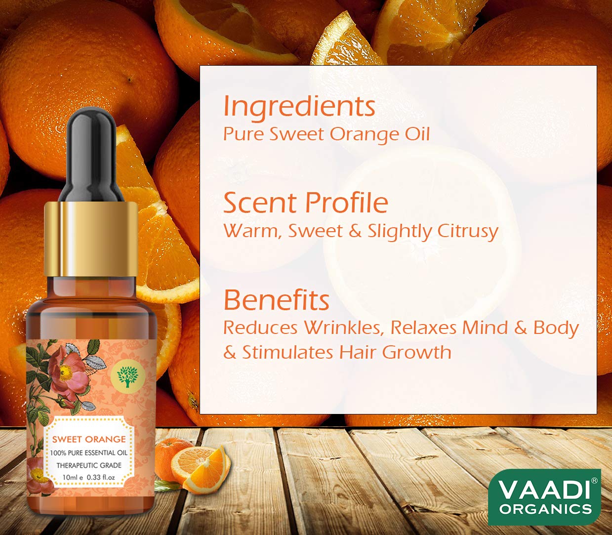 VAADI HERBALS Sweet Orange Essential Oil - Vitamin C Reduces Hairfall, Improves Skin Complexion, Enhances Mood, Loosens Tired Muscles - 100% Pure Therapeutic Grade, 10 ml – view 4