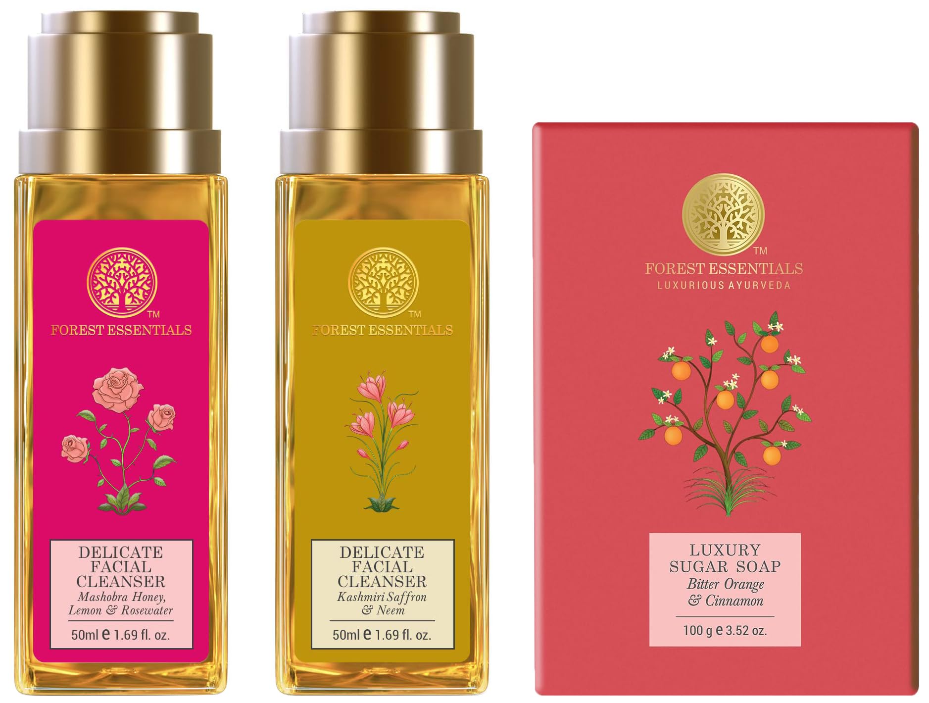 Forest Essentials facial cleanser and sugar soap product pack
