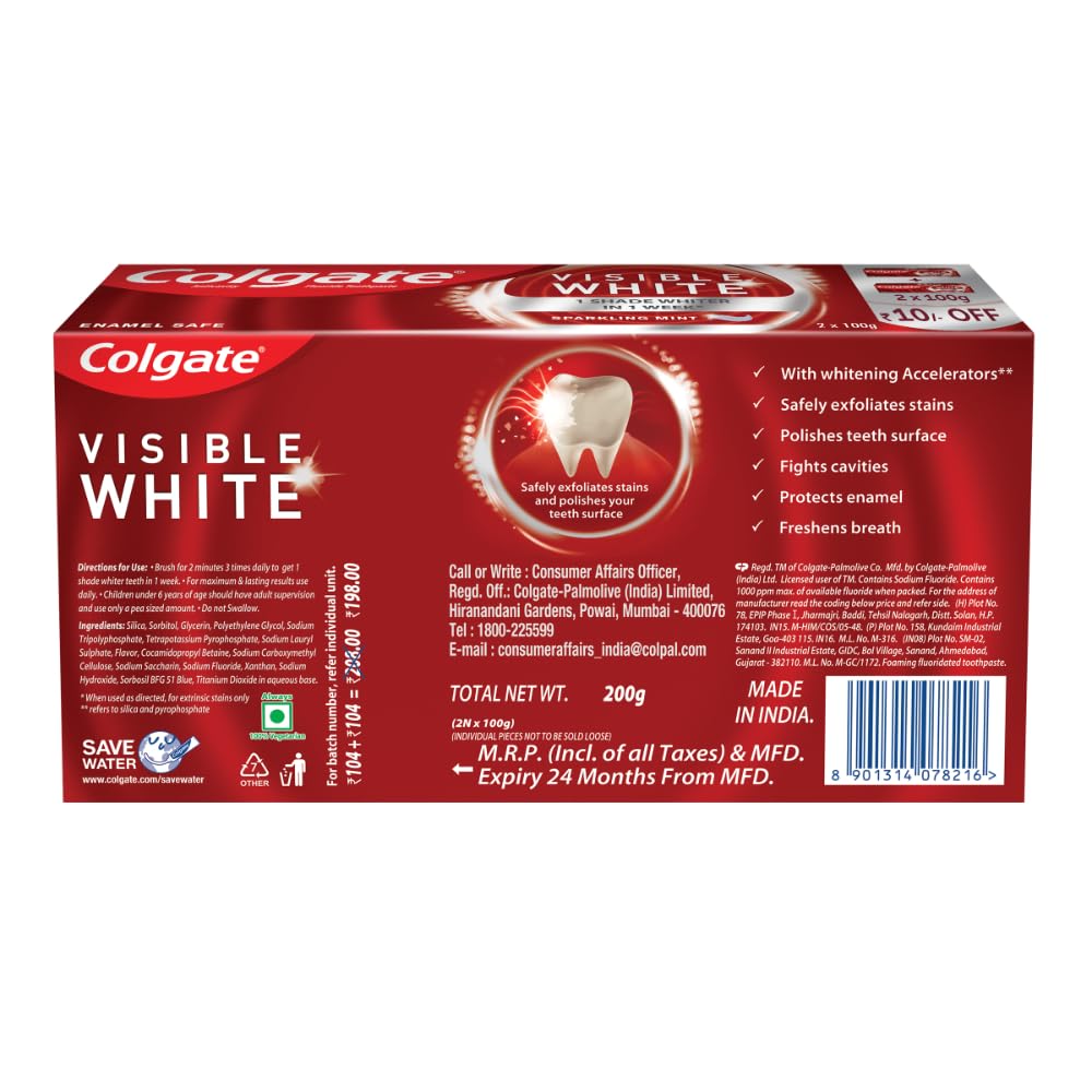 Colgate Visible White Toothpaste 200g (100g x Pack of 2) Teeth Whitening Starts in 1 week, Safe on Enamel, Stain Removal and Minty Flavour for Fresh Breath – view 8