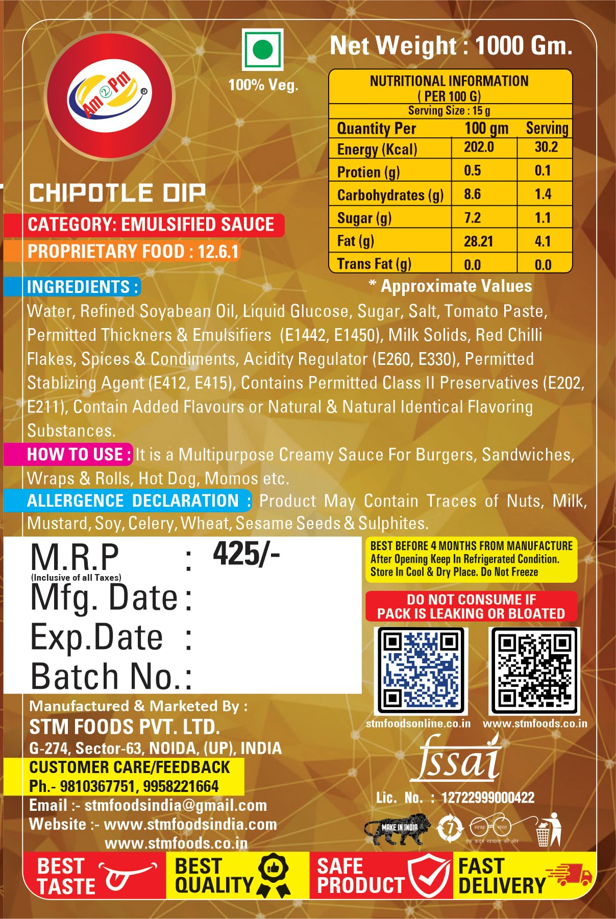 Am 2 Pm - Chipotle Dip Multipurpose Creamy Sauce For Burgers, Sandwiches,Wraps & Rolls Hot Dog Momos - 1Kg – view 3