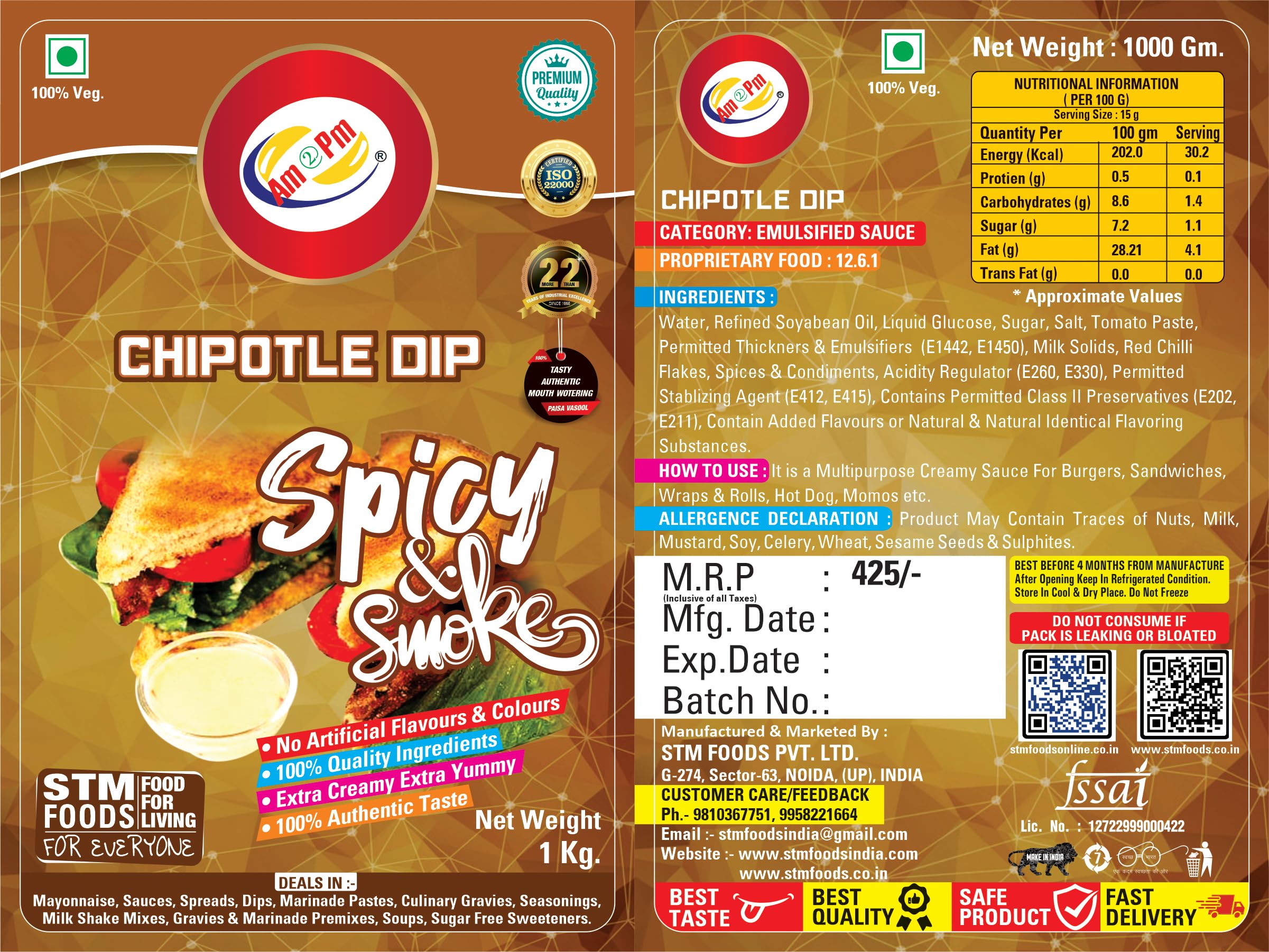 Am 2 Pm - Chipotle Dip Multipurpose Creamy Sauce For Burgers, Sandwiches,Wraps & Rolls Hot Dog Momos - 1Kg – view 6