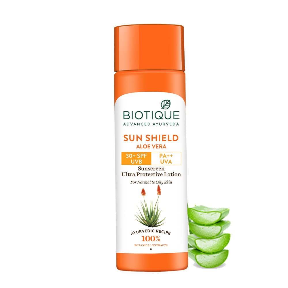 Biotique aloe vera face sunscreen lotion bottle with SPF 30+