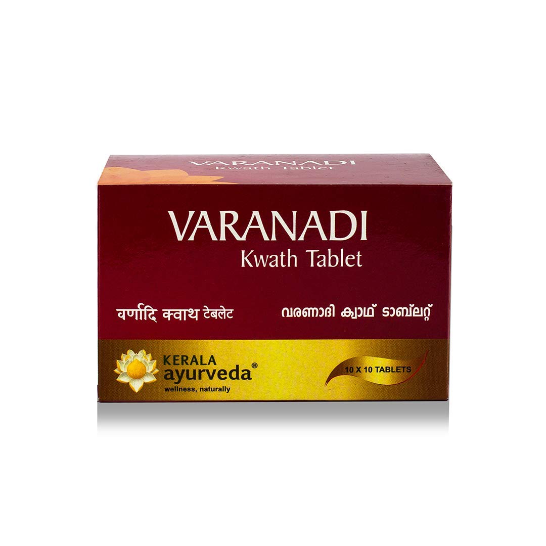 Bottle of Kerala Ayurveda Varanadi Kwath herbal tablets, 100 count