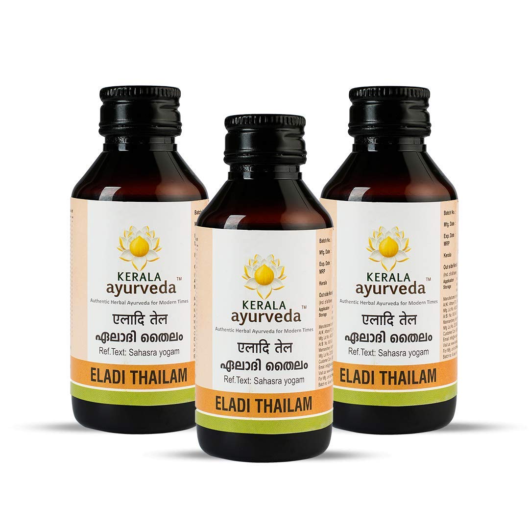 Three bottles of Kerala Ayurveda Eladi Thailam sesame-oil based skin oil