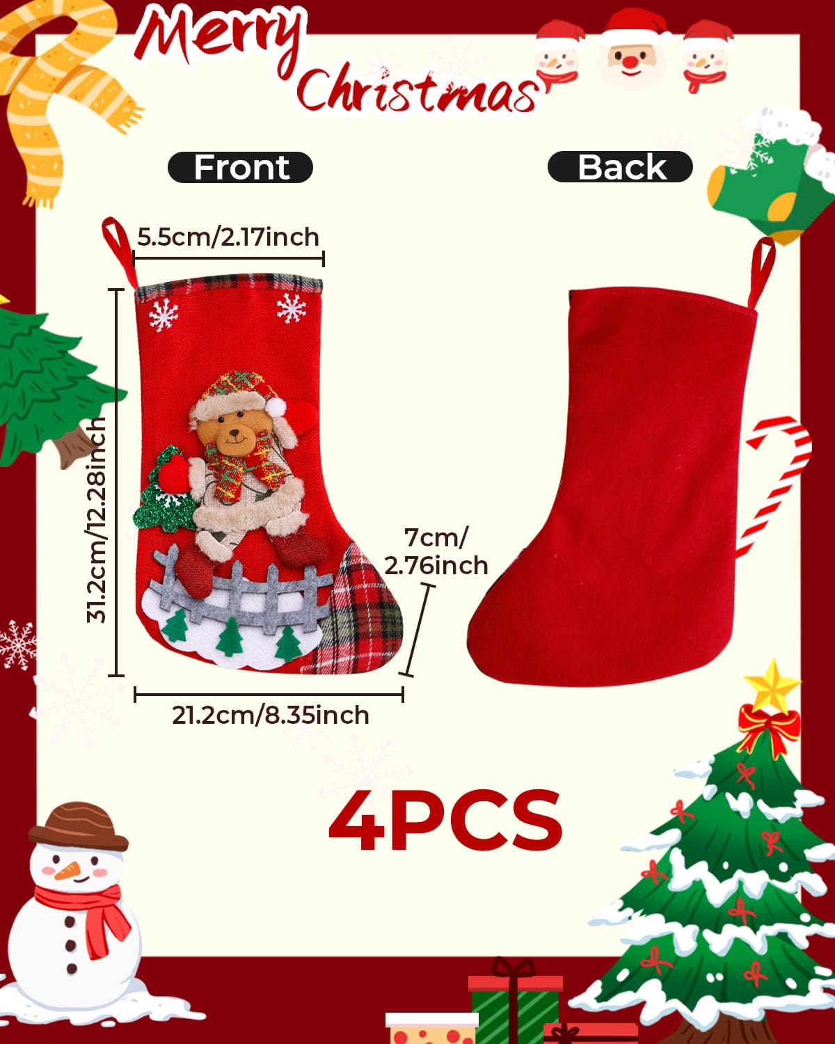 BAOTUJIA 4Pcs 12.8 Inch Big Christmas Stockings Decoration, Christmas Hanging Socks Set Suitable for XmasTree Decoration Items Home Ornament Wall Decor – view 2