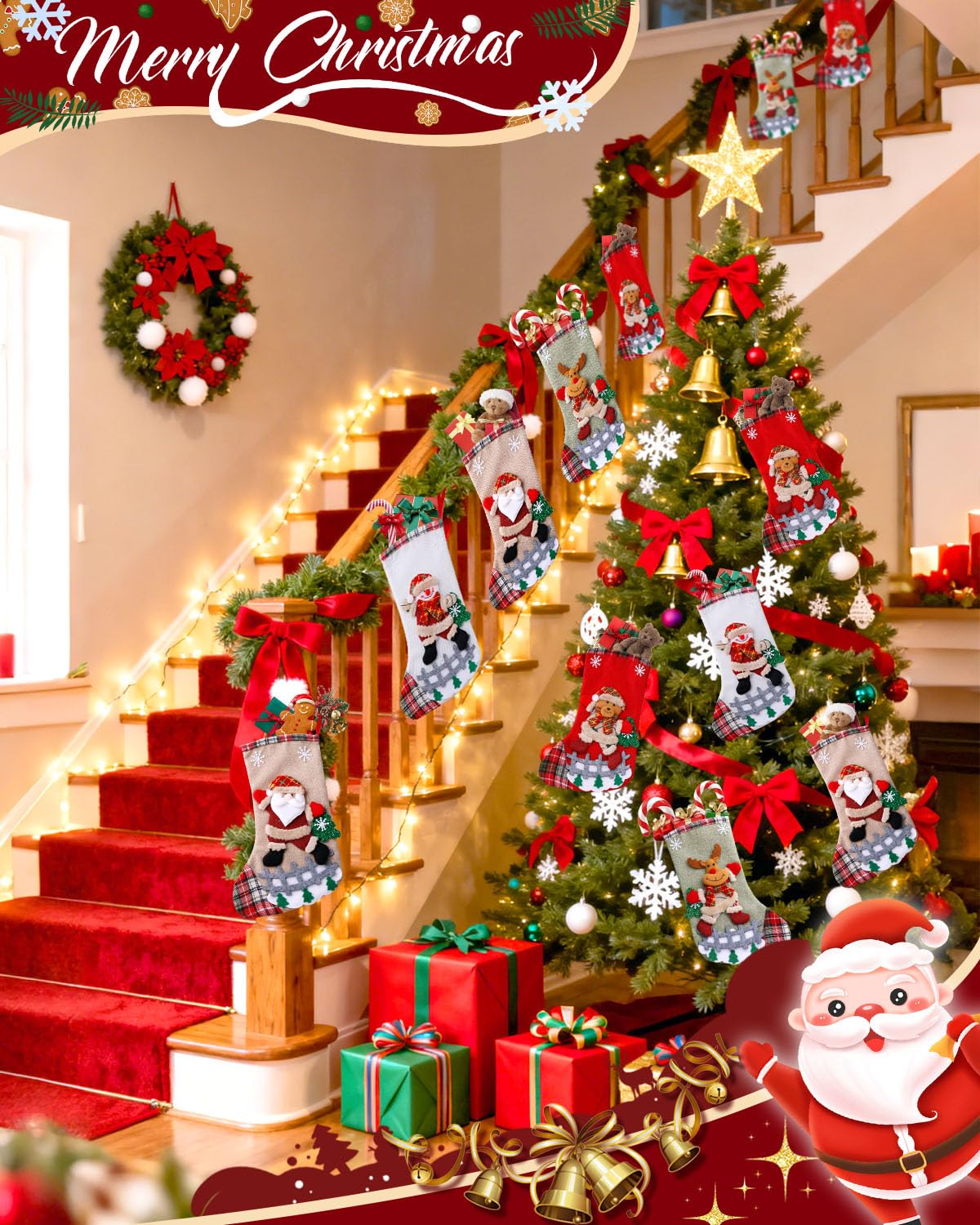 BAOTUJIA 4Pcs 12.8 Inch Big Christmas Stockings Decoration, Christmas Hanging Socks Set Suitable for XmasTree Decoration Items Home Ornament Wall Decor – view 6