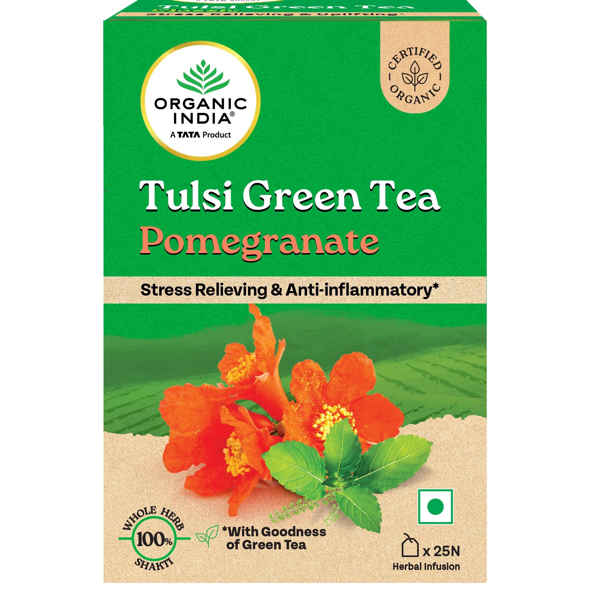 Box of Organic India tulsi green tea pomegranate tea bags