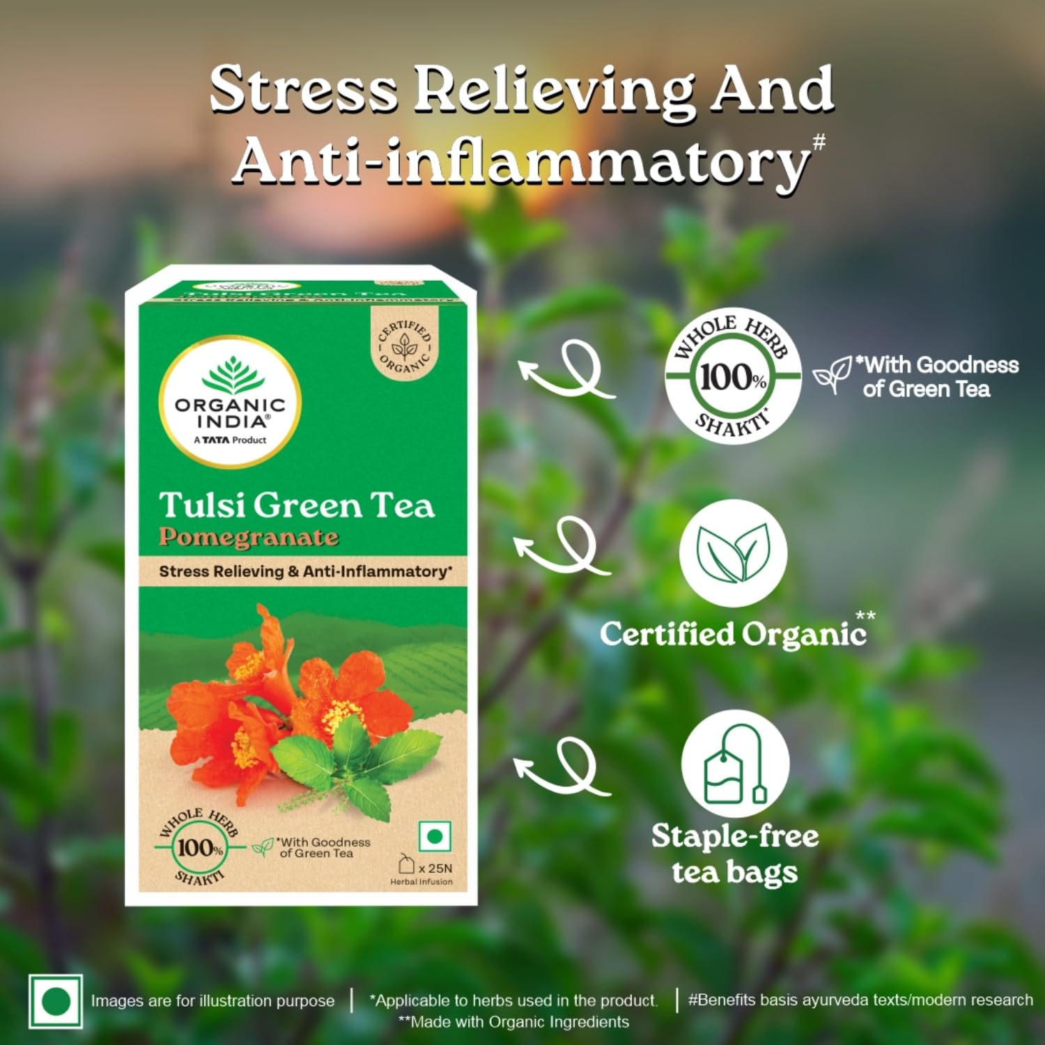 A TATA Product - Organic India Tulsi Green Tea Pomegranate - 25 Tea Bags, Certified Organic, Stress Relief, Rich in Antioxidant, Tulsi & Pomegranate Infusion – view 3