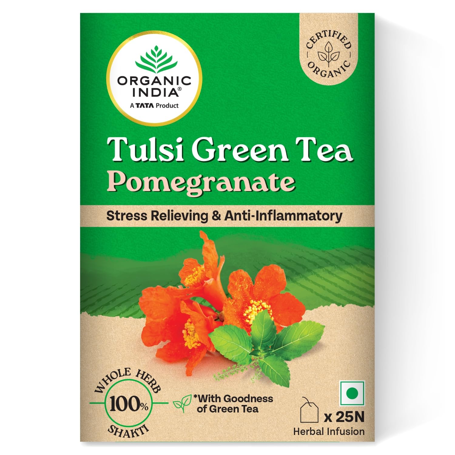 A TATA Product - Organic India Tulsi Green Tea Pomegranate - 25 Tea Bags, Certified Organic, Stress Relief, Rich in Antioxidant, Tulsi & Pomegranate Infusion – view 4