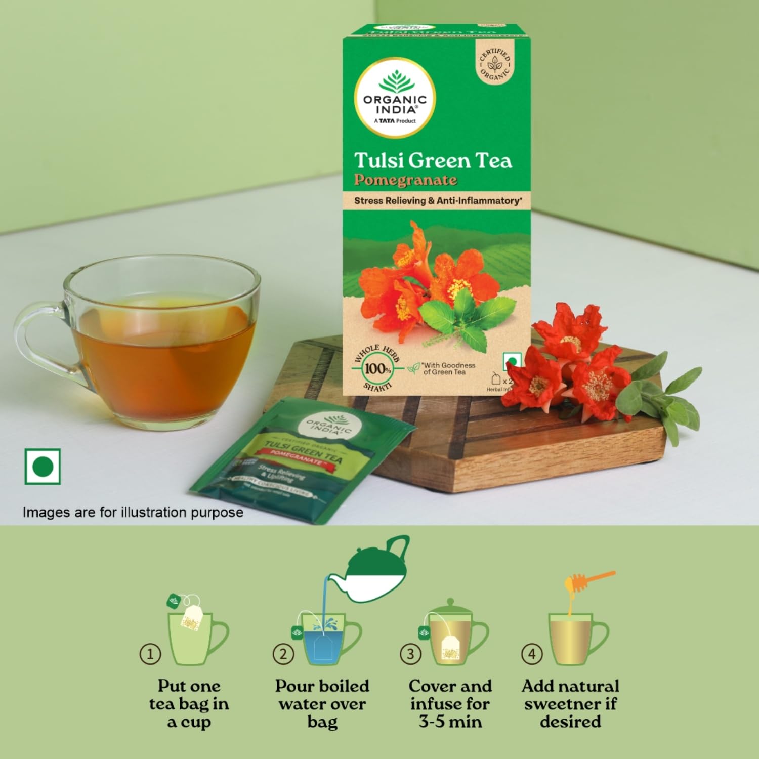 A TATA Product - Organic India Tulsi Green Tea Pomegranate - 25 Tea Bags, Certified Organic, Stress Relief, Rich in Antioxidant, Tulsi & Pomegranate Infusion – view 6