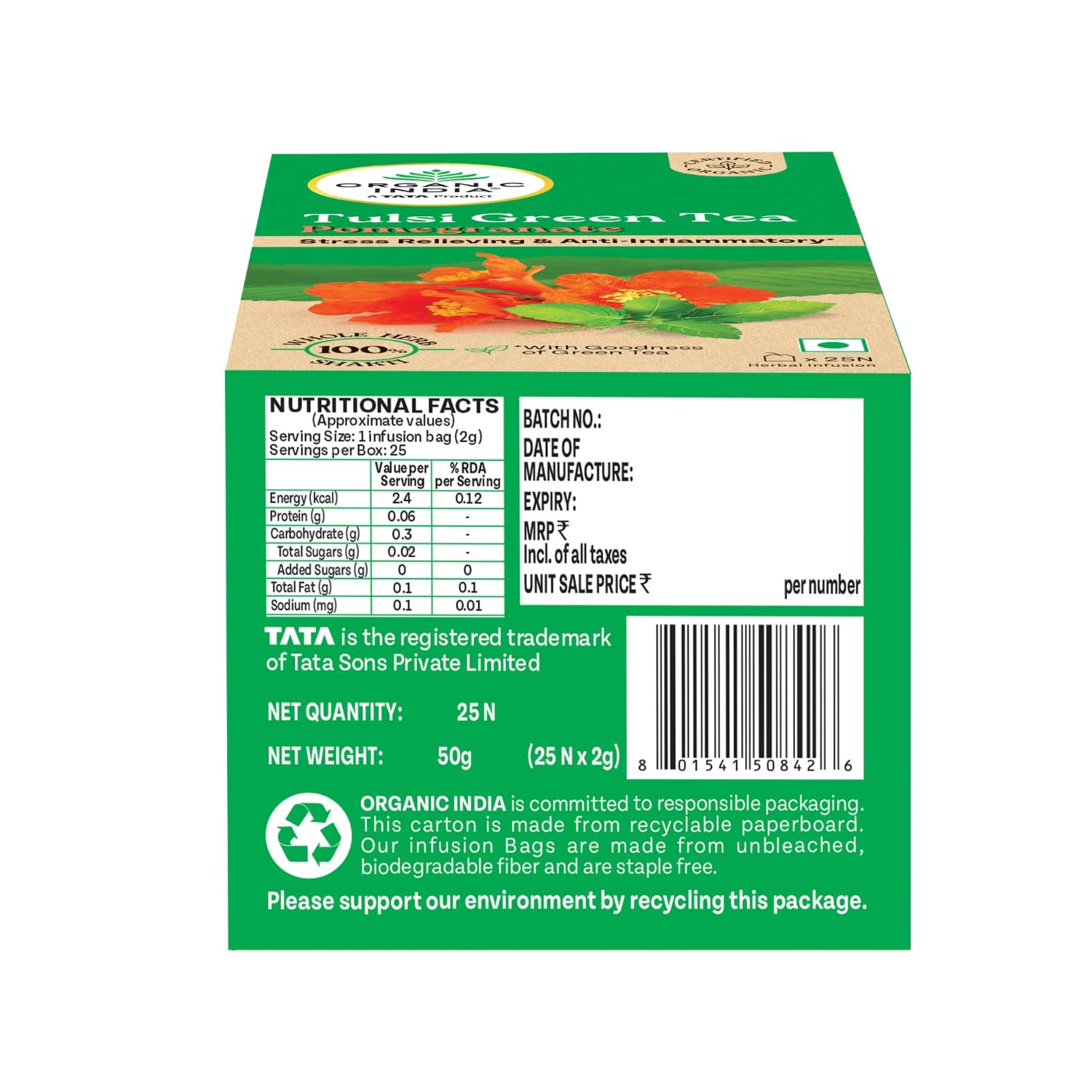 A TATA Product - Organic India Tulsi Green Tea Pomegranate - 25 Tea Bags, Certified Organic, Stress Relief, Rich in Antioxidant, Tulsi & Pomegranate Infusion – view 7