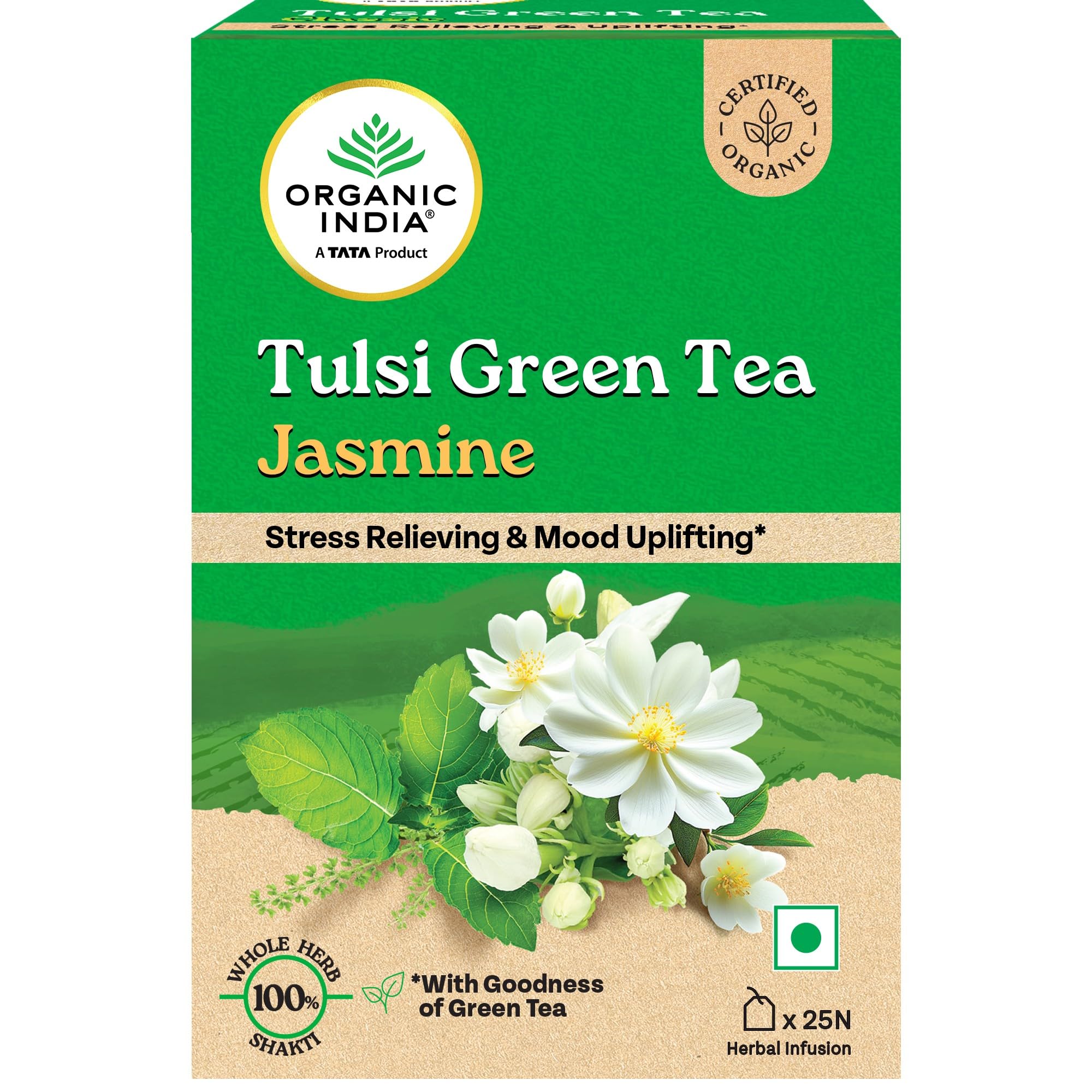 Organic India jasmine tulsi green tea bag box front view