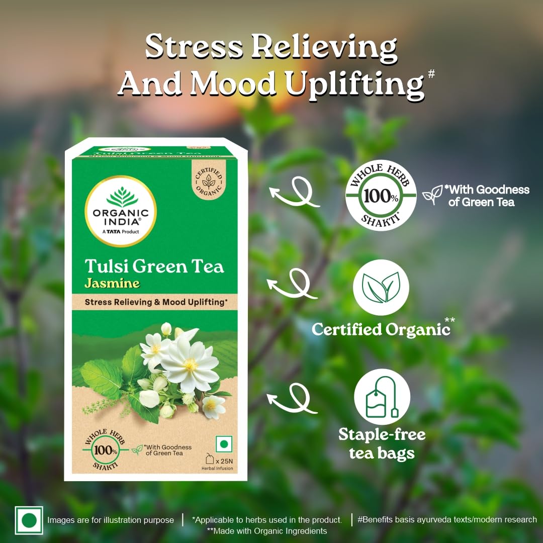 A TATA Product - Organic India Tulsi Green Tea Jasmine - 25 Tea Bags, Certified Organic, Stress Relief, Mood Uplifting, Antioxidant Power, Soothing Jasmine Blend – view 4