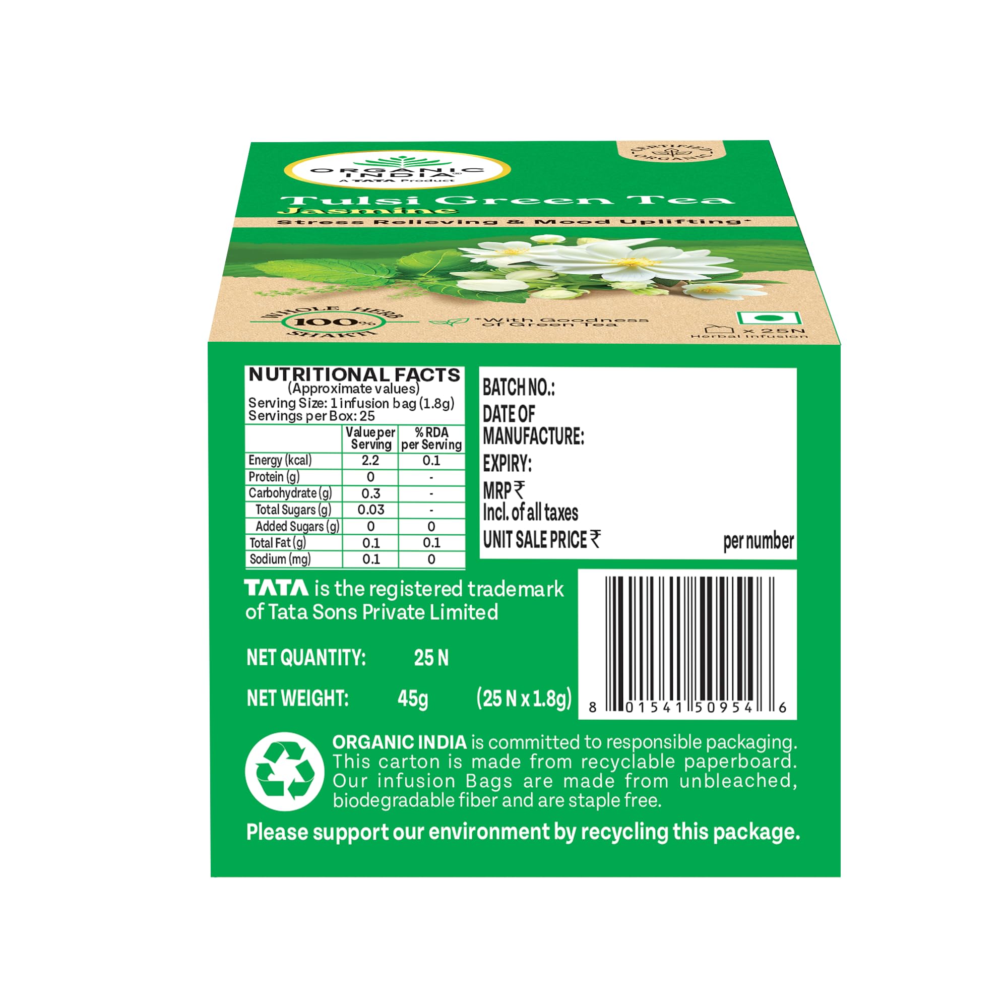 A TATA Product - Organic India Tulsi Green Tea Jasmine - 25 Tea Bags, Certified Organic, Stress Relief, Mood Uplifting, Antioxidant Power, Soothing Jasmine Blend – view 6