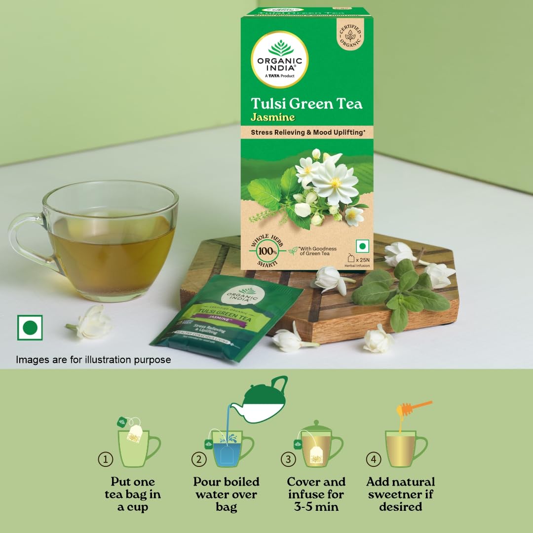 A TATA Product - Organic India Tulsi Green Tea Jasmine - 25 Tea Bags, Certified Organic, Stress Relief, Mood Uplifting, Antioxidant Power, Soothing Jasmine Blend – view 9