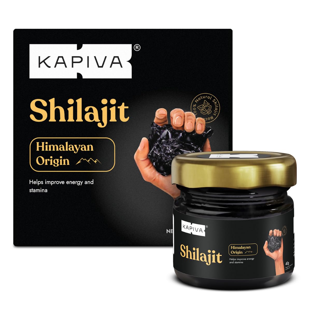 Front pack of Kapiva Himalayan Shilajit Resin 40g container