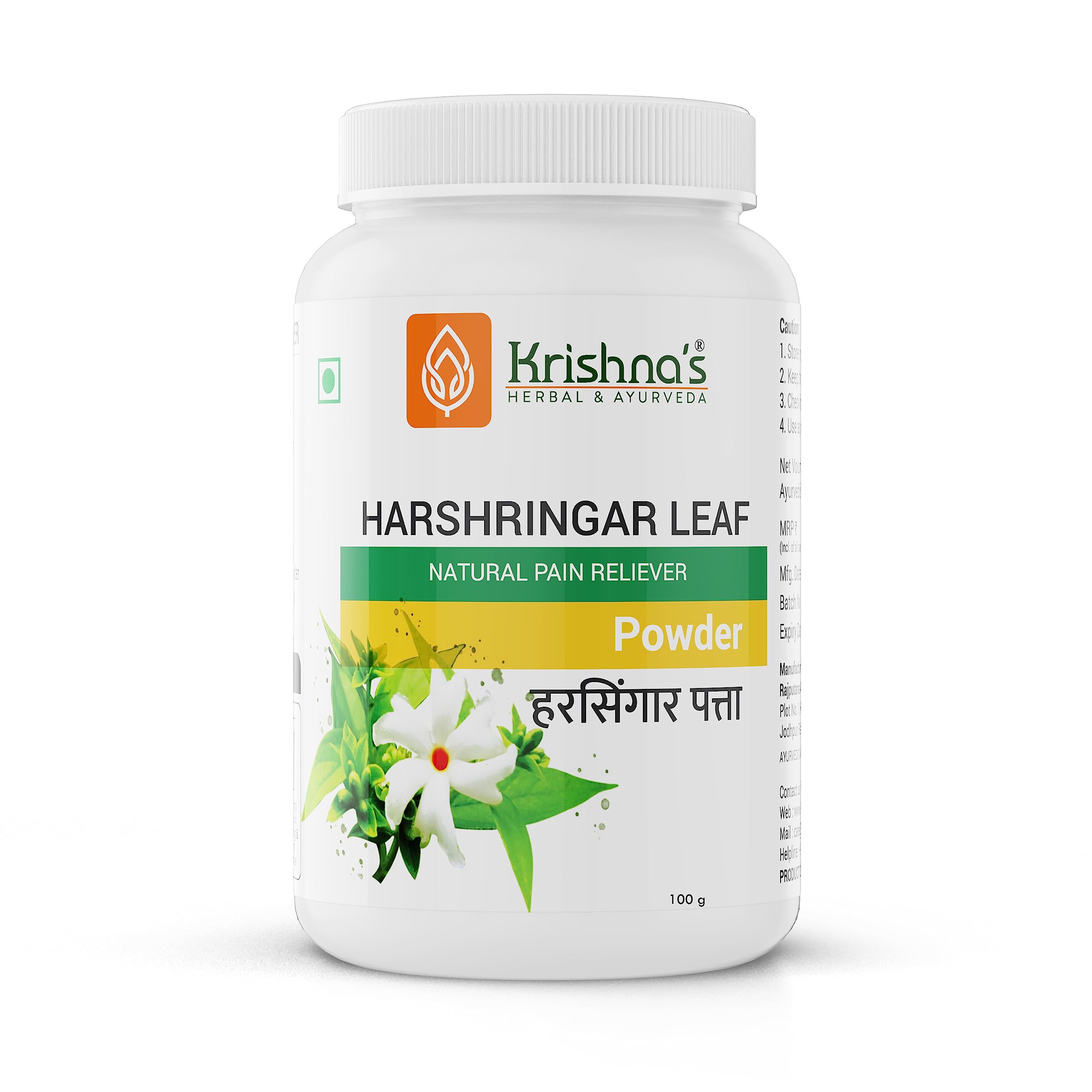 Jar of Krishna's Harshringar powder, natural Parijat leaf powder 100 g