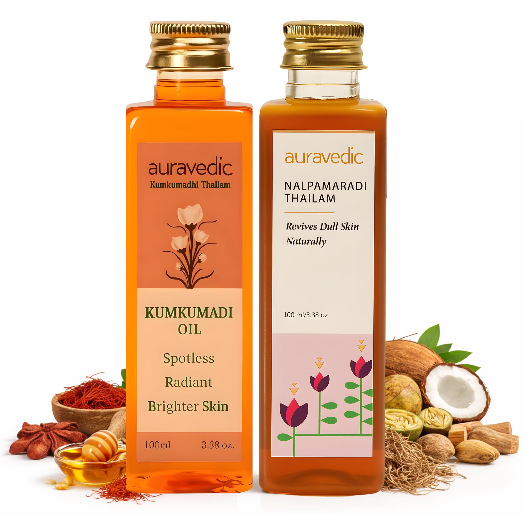 Two Auravedic brightening oils for face and body daily use