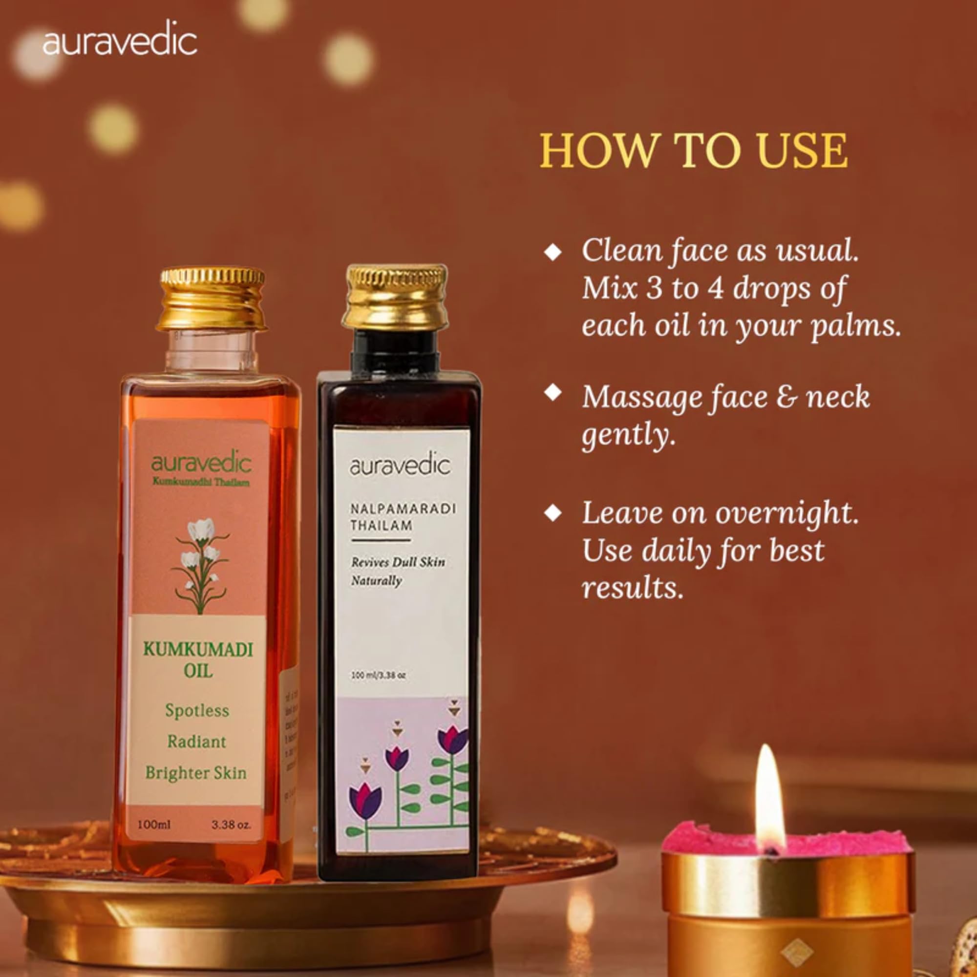 Auravedic Kumkumadi tailam for face Kumkumadi face oil for glowing skin & Nalpamaradi thailam 100 ml pack of 2 kumkumadi oil pigmentation serum body oil after bath for daily use – view 6