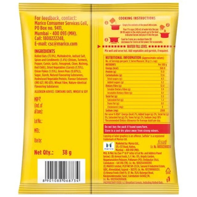 Saffola Masala Oats - Classic Masala, Fibre Rich, Healthy Snack, 38 g – view 2